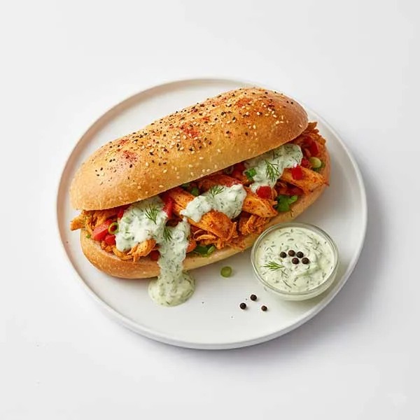 Lebanese Baked Paprika Chicken-stuffed Samoon with Garlic Gherkin Sauce